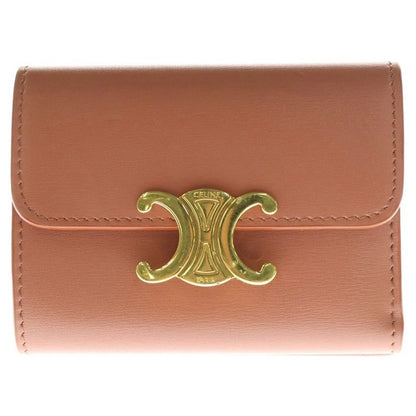 Celine Triomphe Compact Wallet Trifold Coin Case Orange Leather Gold Hardware