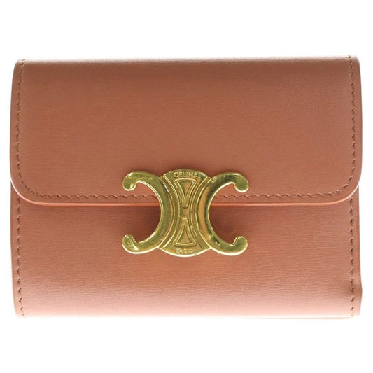Celine Triomphe Compact Wallet Trifold Coin Case Orange Leather Gold Hardware