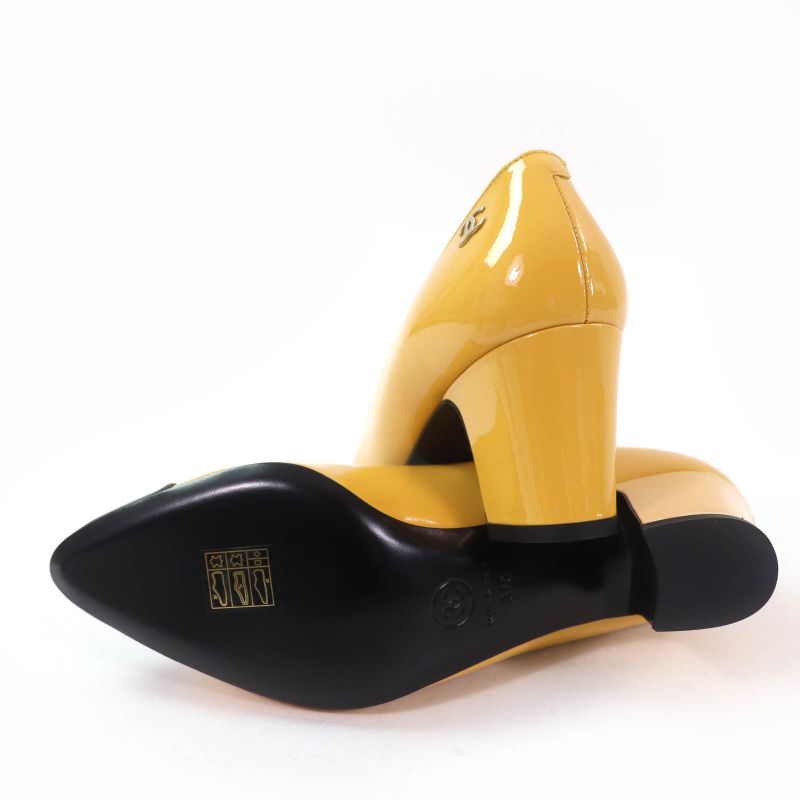 CHANEL 2023 G45053 Patent Leather Coco Mark Bicolor Pumps Yellow Black 37 With