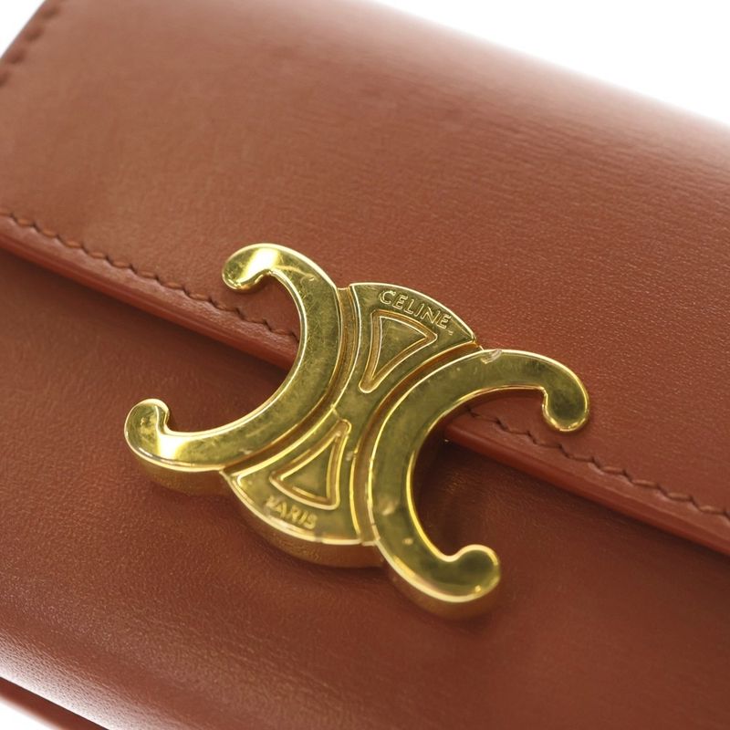 Celine Triomphe Compact Wallet Trifold Coin Case Orange Leather Gold Hardware