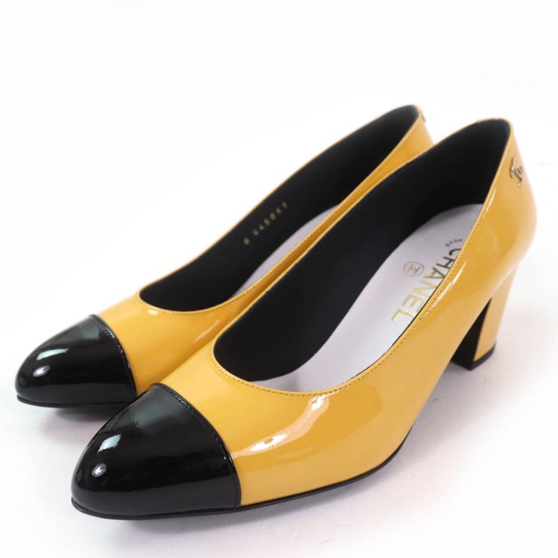 CHANEL 2023 G45053 Patent Leather Coco Mark Bicolor Pumps Yellow Black 37 With