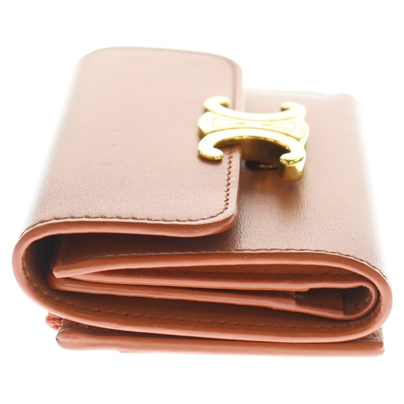 Celine Triomphe Compact Wallet Trifold Coin Case Orange Leather Gold Hardware