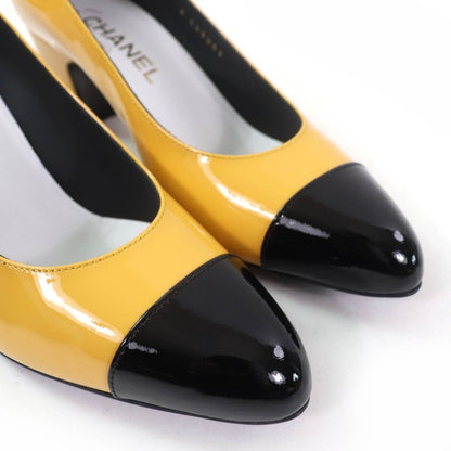 CHANEL 2023 G45053 Patent Leather Coco Mark Bicolor Pumps Yellow Black 37 With