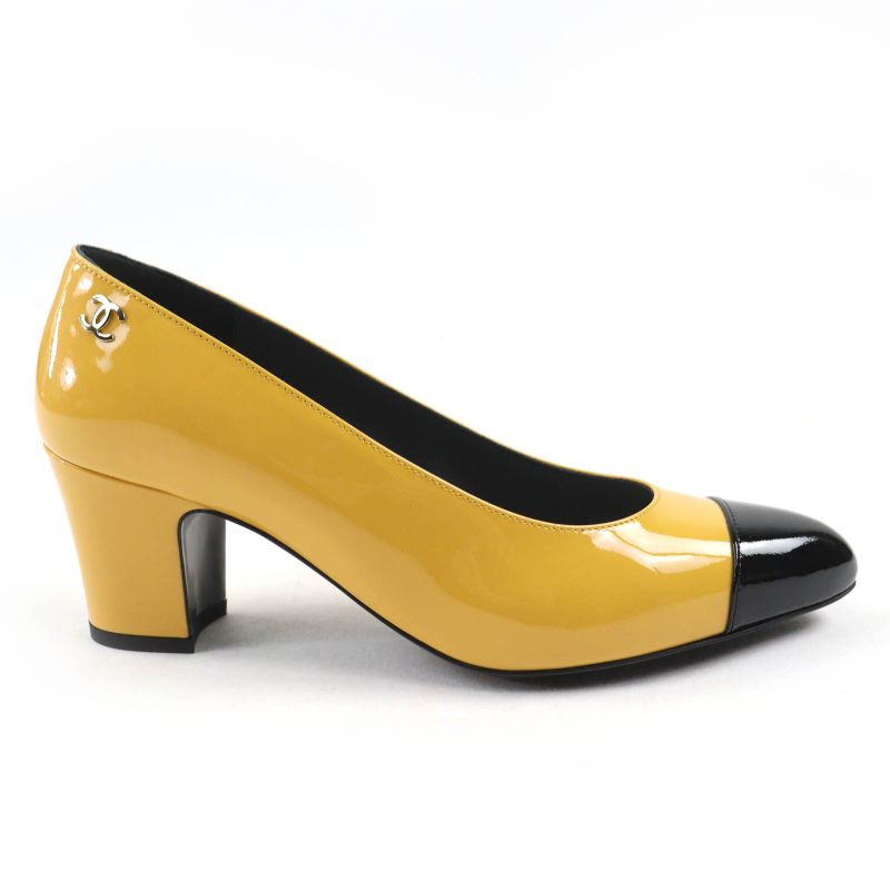 CHANEL 2023 G45053 Patent Leather Coco Mark Bicolor Pumps Yellow Black 37 With
