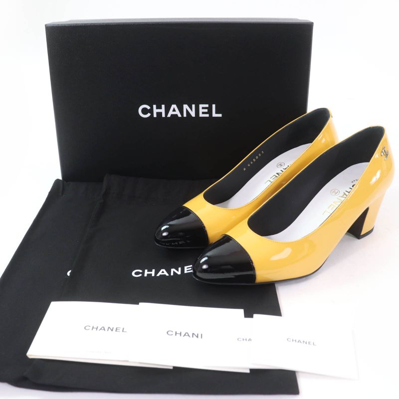 CHANEL 2023 G45053 Patent Leather Coco Mark Bicolor Pumps Yellow Black 37 With