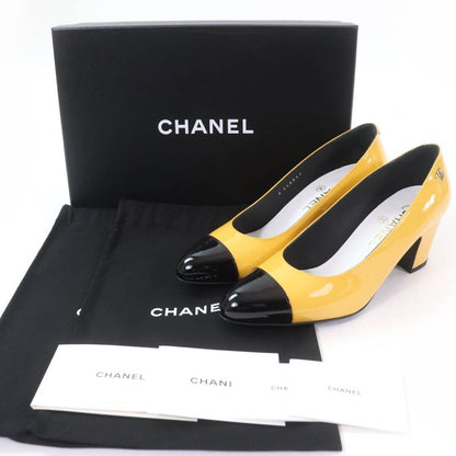 CHANEL 2023 G45053 Patent Leather Coco Mark Bicolor Pumps Yellow Black 37 With