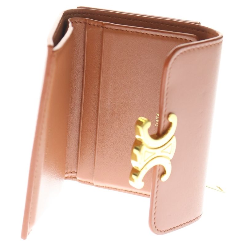 Celine Triomphe Compact Wallet Trifold Coin Case Orange Leather Gold Hardware