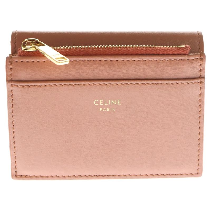 Celine Triomphe Compact Wallet Trifold Coin Case Orange Leather Gold Hardware