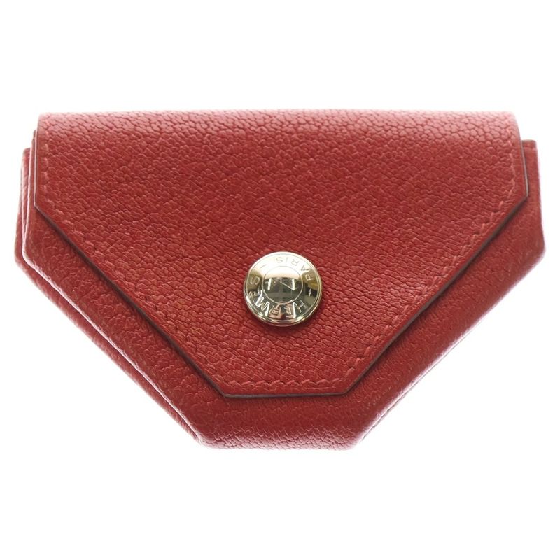 Hermes Van Cattle Coin Case Wallet Chevre Leather Red □Q Engraved Silver