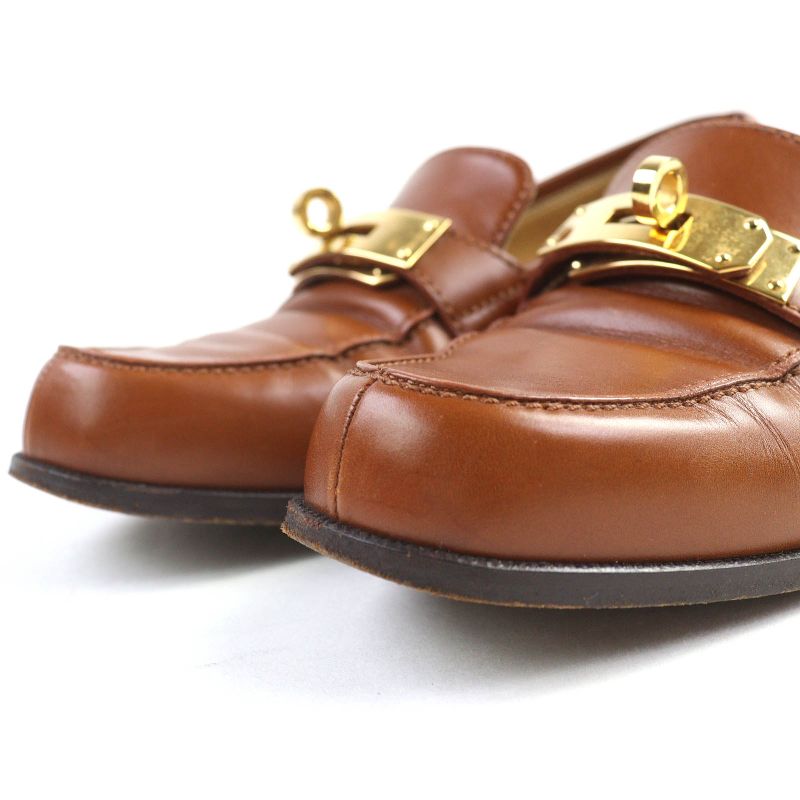 Hermes Vintage Gold Hardware Kelly Hardware Leather Loafers Brown Gold