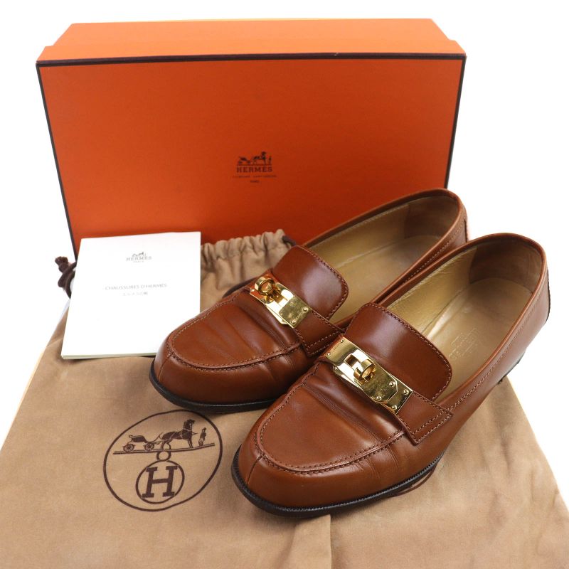 Hermes Vintage Gold Hardware Kelly Hardware Leather Loafers Brown Gold