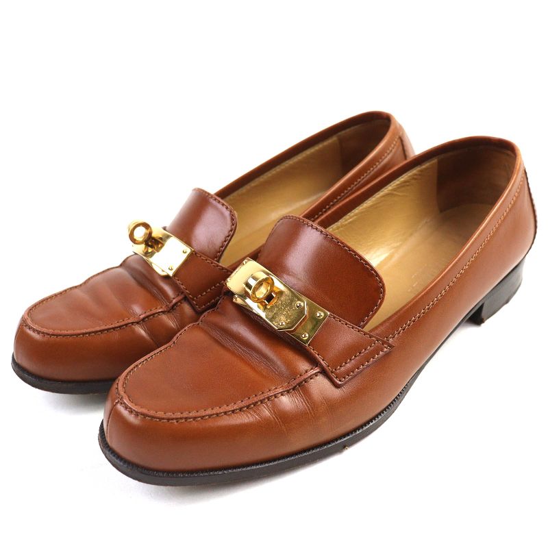 Hermes Vintage Gold Hardware Kelly Hardware Leather Loafers Brown Gold