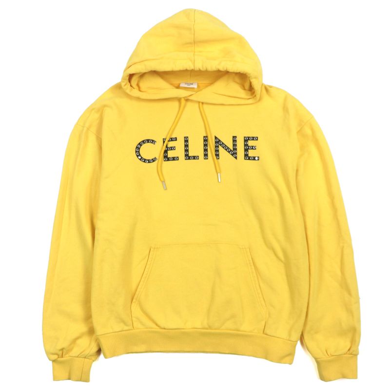 Celine 2y695670q 100% Cotton Logo Print Studded Pullover Hoodie Yellow M Made