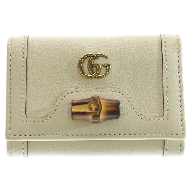 Gucci Bamboo GG Marmont Trifold Wallet Compact Wallet Coin Case White Leather