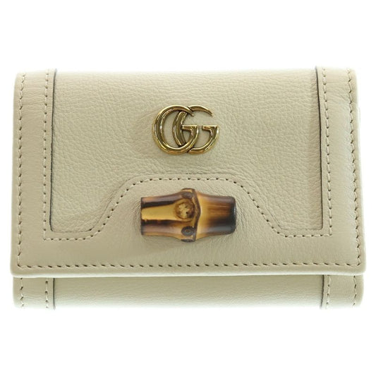 Gucci Bamboo GG Marmont Trifold Wallet Compact Wallet Coin Case White Leather