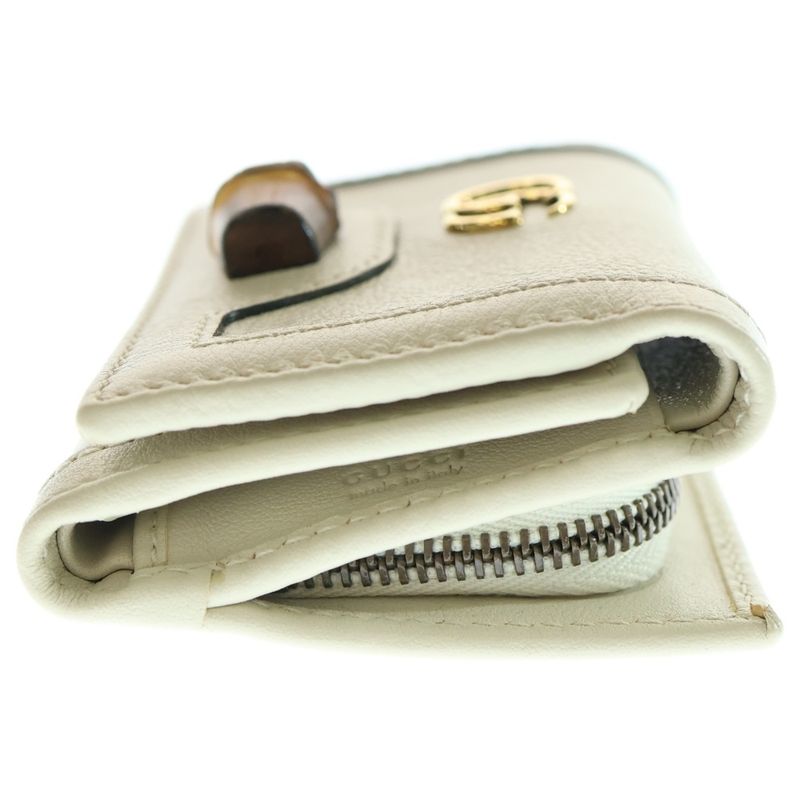 Gucci Bamboo GG Marmont Trifold Wallet Compact Wallet Coin Case White Leather