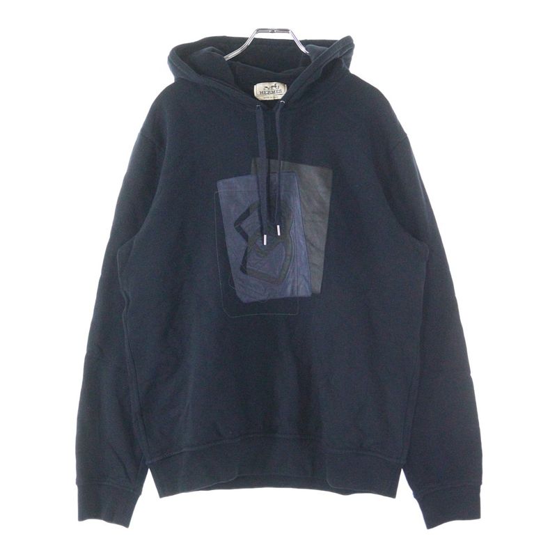 Hermes Leather Patch Stitch Design Pullover Sweatshirt Hoodie Navy