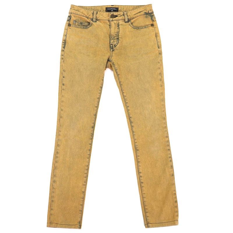 CHANEL P49877 Cotton Coco Mark Button Skinny Denim Pants Yellowish 34 Made In