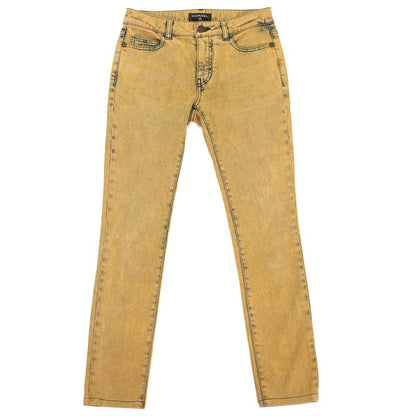 CHANEL P49877 Cotton Coco Mark Button Skinny Denim Pants Yellowish 34 Made In