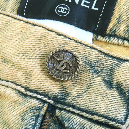 CHANEL P49877 Cotton Coco Mark Button Skinny Denim Pants Yellowish 34 Made In