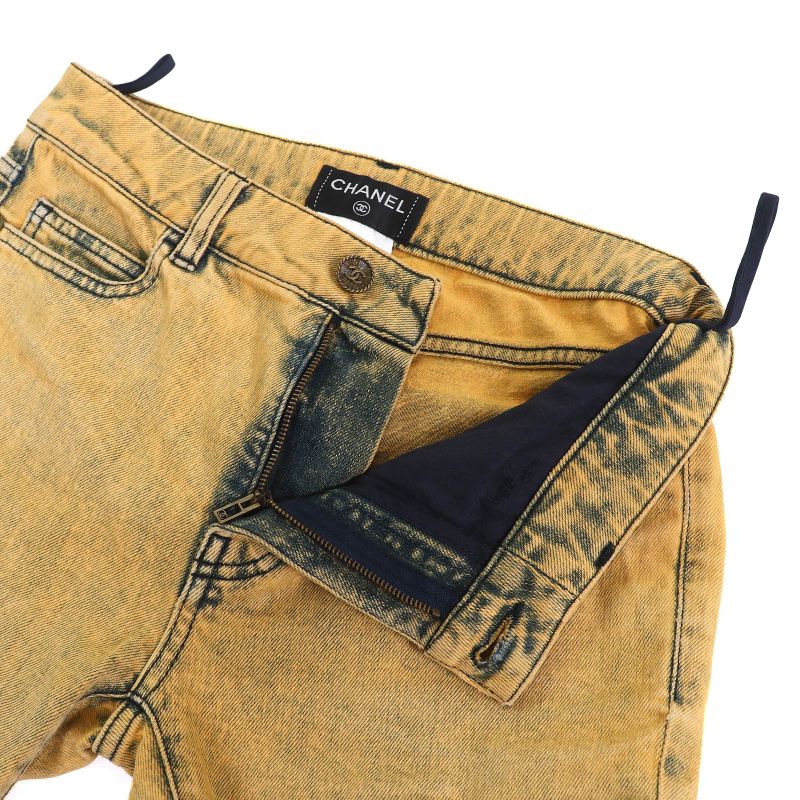 CHANEL P49877 Cotton Coco Mark Button Skinny Denim Pants Yellowish 34 Made In