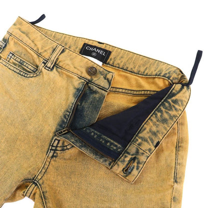 CHANEL P49877 Cotton Coco Mark Button Skinny Denim Pants Yellowish 34 Made In