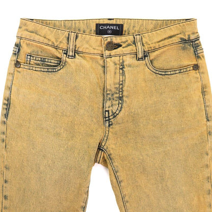 CHANEL P49877 Cotton Coco Mark Button Skinny Denim Pants Yellowish 34 Made In