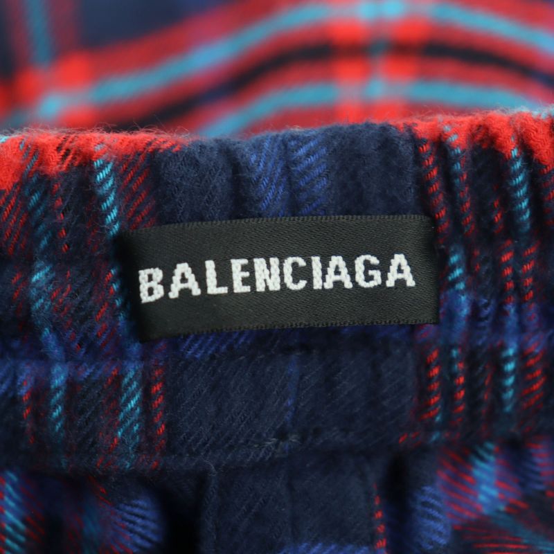 Balenciaga 508491 Check Flannel PANT Cotton Logo Embroidery Hem Zip Check Easy