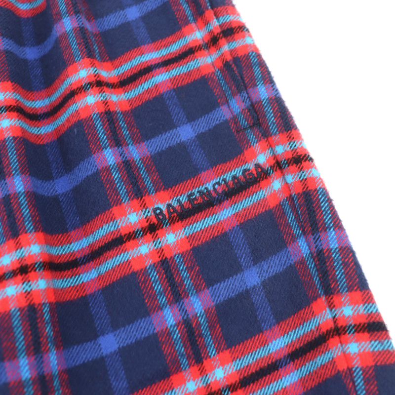 Balenciaga 508491 Check Flannel PANT Cotton Logo Embroidery Hem Zip Check Easy