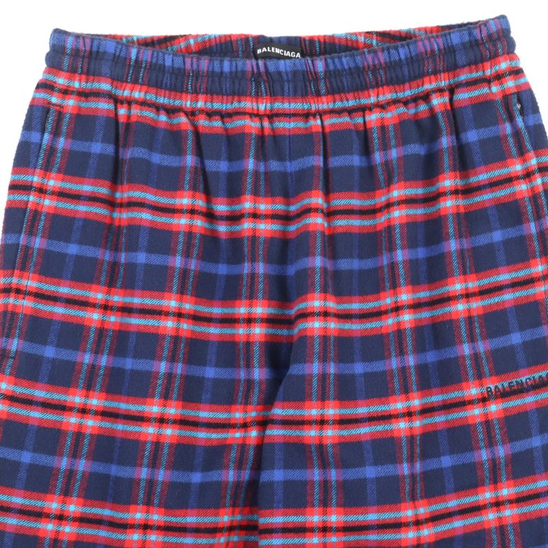 Balenciaga 508491 Check Flannel PANT Cotton Logo Embroidery Hem Zip Check Easy