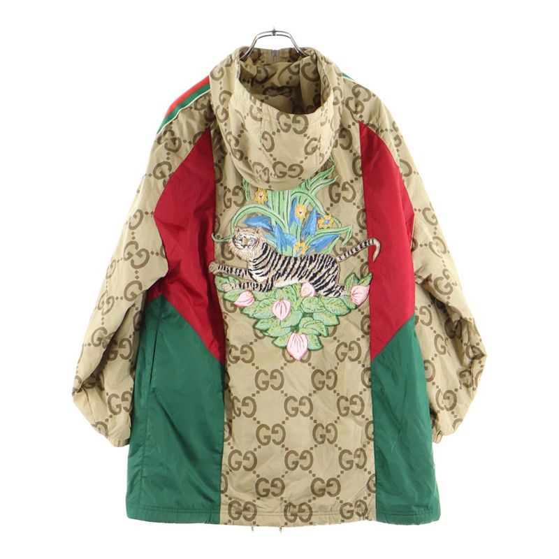 Gucci Jumbo GG Back Embroidery Nylon Half Zip Pullover Hoodie Jacket Beige