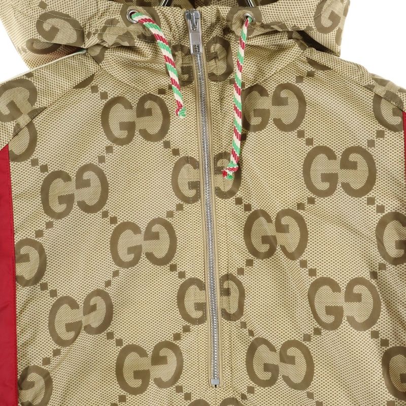 Gucci Jumbo GG Back Embroidery Nylon Half Zip Pullover Hoodie Jacket Beige