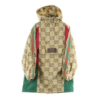 Gucci Jumbo GG Back Embroidery Nylon Half Zip Pullover Hoodie Jacket Beige
