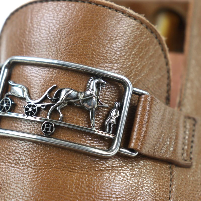 Hermes Carriage Hardware Slip-on Loafers Leather Shoes Brown 44