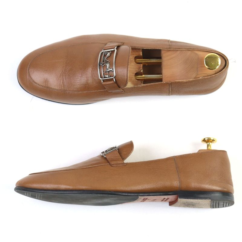 Hermes Carriage Hardware Slip-on Loafers Leather Shoes Brown 44