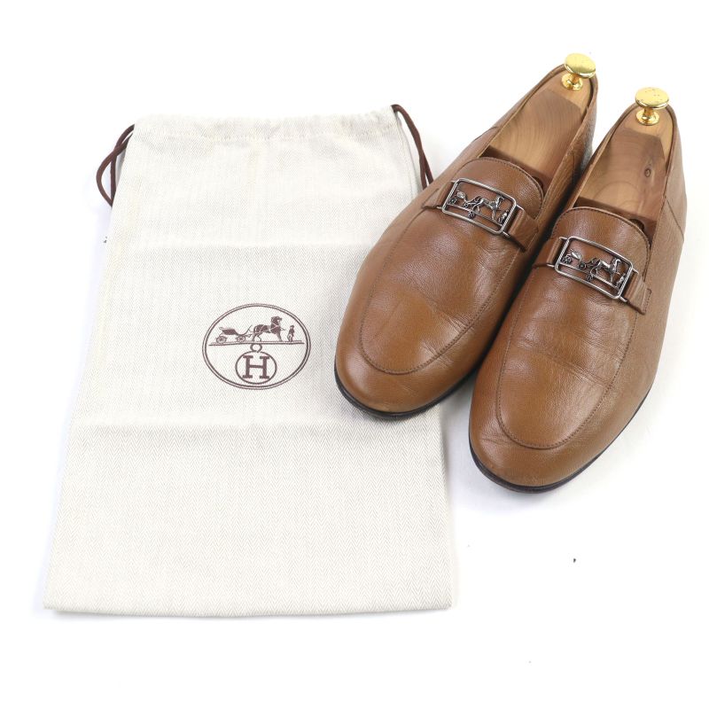 Hermes Carriage Hardware Slip-on Loafers Leather Shoes Brown 44