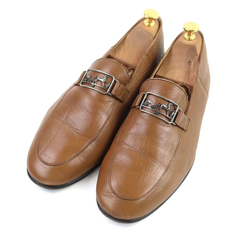 Hermes Carriage Hardware Slip-on Loafers Leather Shoes Brown 44