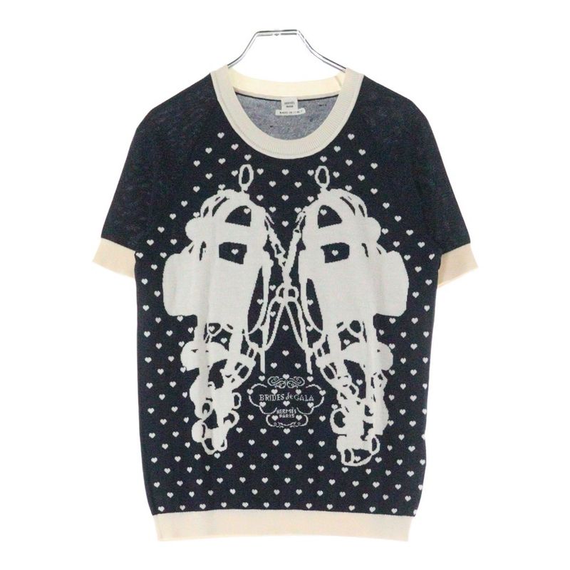 Hermes Brides De GALA Bridesmaid Short Sleeved Cashmere Knit Sweater Black/white