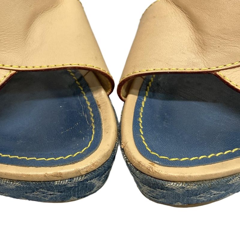 Louis Vuitton Mules 38 Women's Beige and Blue Wedge Sole Linen