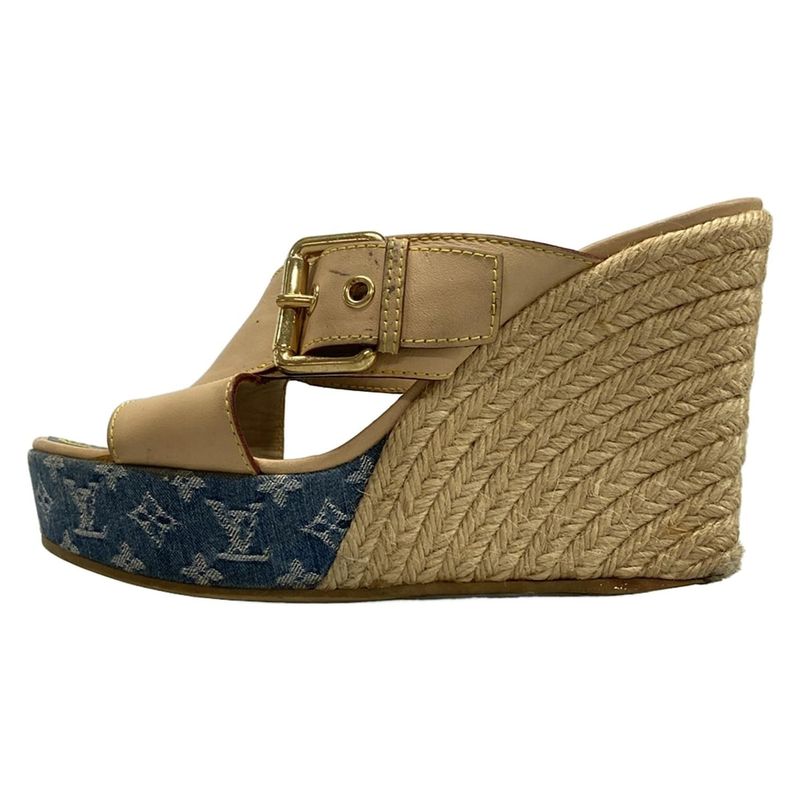 Louis Vuitton Mules 38 Women's Beige and Blue Wedge Sole Linen