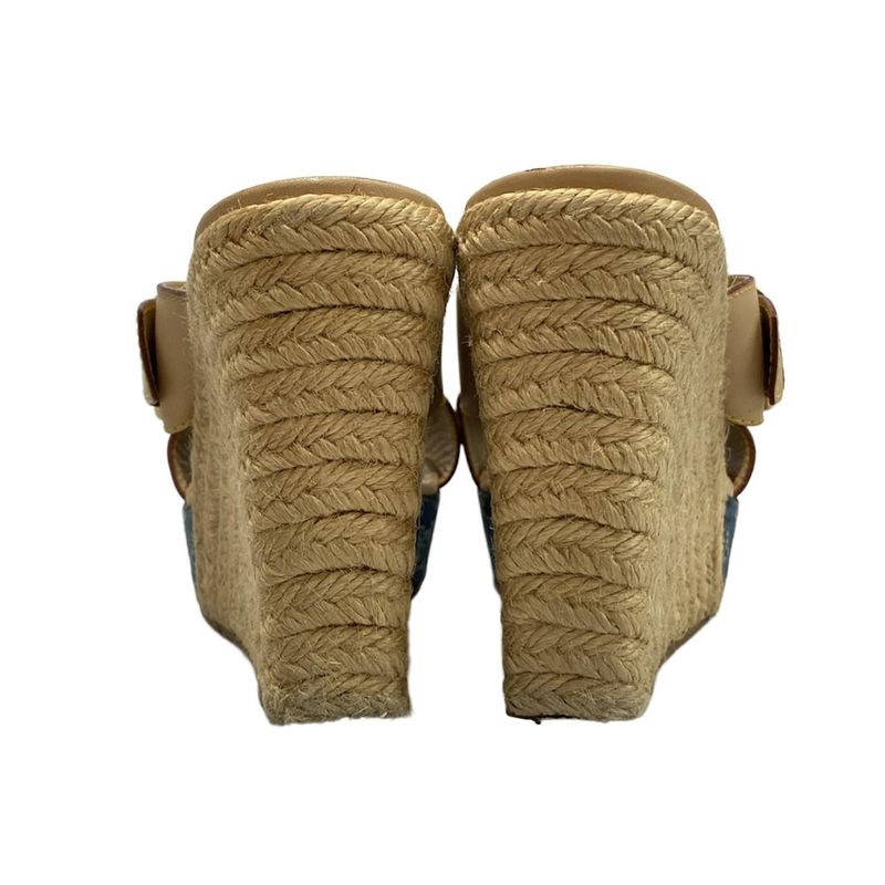 Louis Vuitton Mules 38 Women's Beige and Blue Wedge Sole Linen