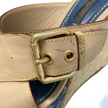 Louis Vuitton Mules 38 Women's Beige and Blue Wedge Sole Linen