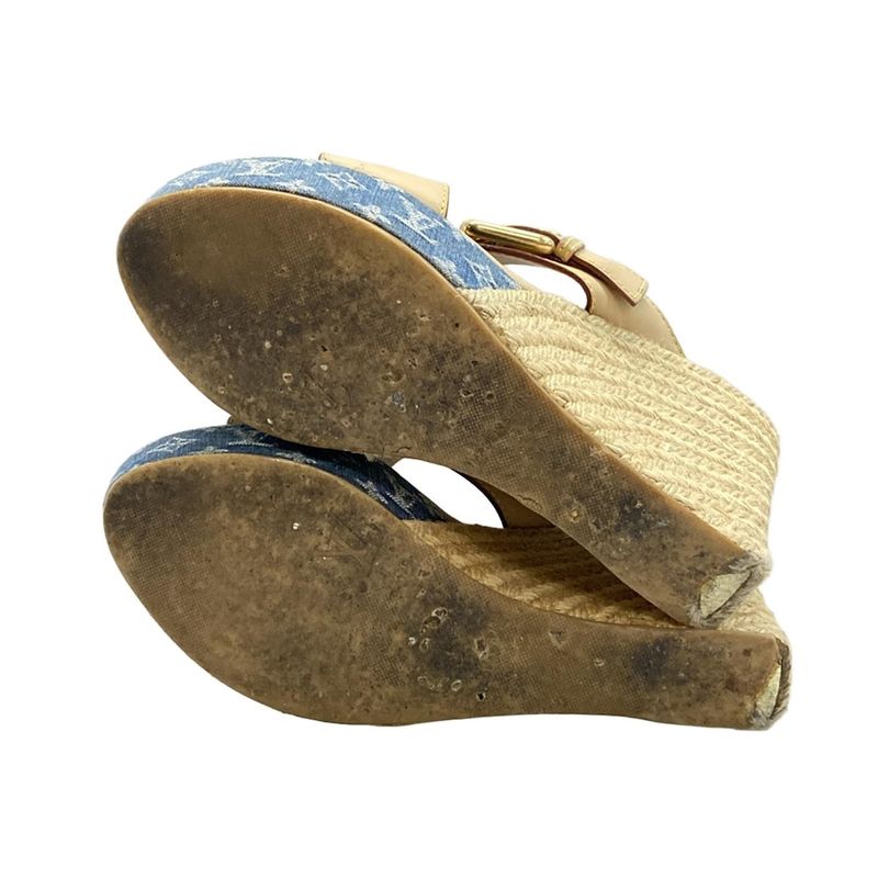 Louis Vuitton Mules 38 Women's Beige and Blue Wedge Sole Linen