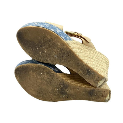 Louis Vuitton Mules 38 Women's Beige and Blue Wedge Sole Linen
