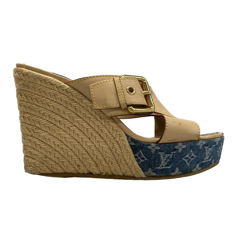 Louis Vuitton Mules 38 Women's Beige and Blue Wedge Sole Linen