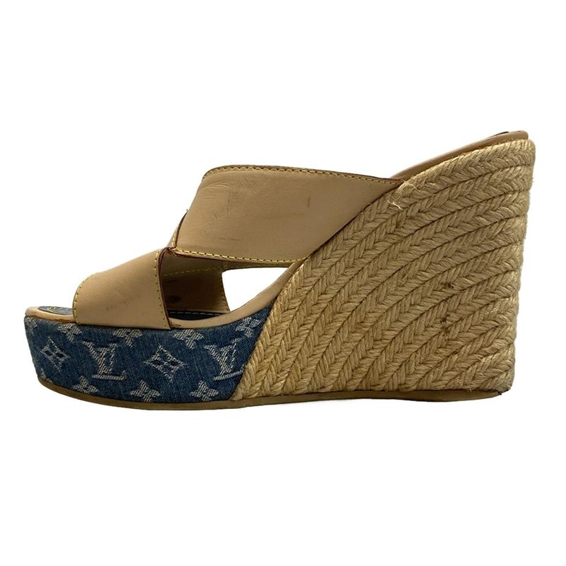 Louis Vuitton Mules 38 Women's Beige and Blue Wedge Sole Linen