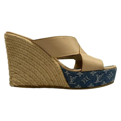 Louis Vuitton Mules 38 Women's Beige and Blue Wedge Sole Linen