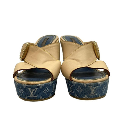 Louis Vuitton Mules 38 Women's Beige and Blue Wedge Sole Linen