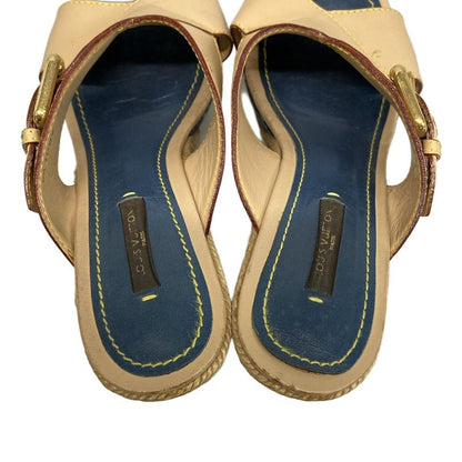 Louis Vuitton Mules 38 Women's Beige and Blue Wedge Sole Linen