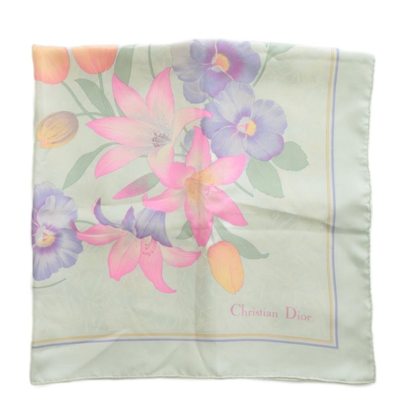 Christian DIOR Scarf Silk Floral Pattern All Over Logo Multicolor XZ - GY18